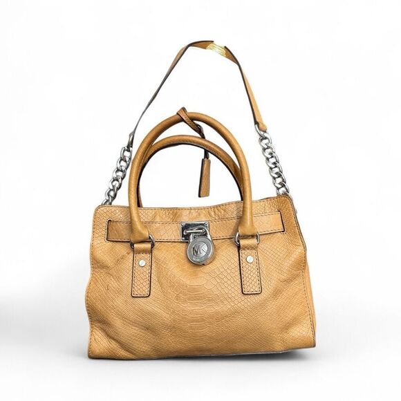 Michael Kors Handbags - Michael Kors Large Silver Lock Tan Snakeskin Shoulder Bag